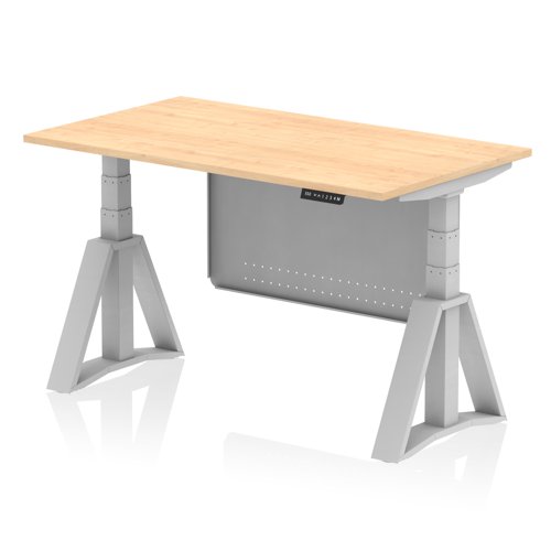 Air Modesty 1400 x 800mm Height Adjustable Office Desk Maple Top Silver Leg With Silver Steel Modesty Panel with Piste Foot