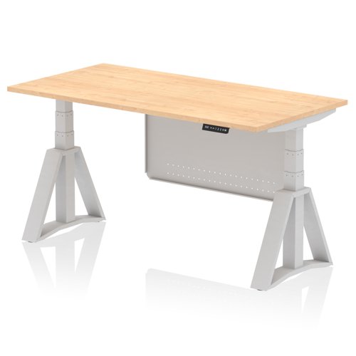 Air Modesty 1600 x 800mm Height Adjustable Office Desk Maple Top Silver Leg With Silver Steel Modesty Panel with Piste Foot
