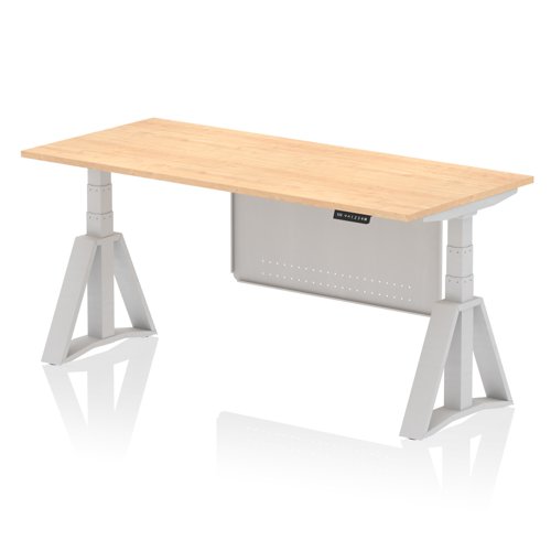 Air Modesty 1800 x 800mm Height Adjustable Office Desk Maple Top Silver Leg With Silver Steel Modesty Panel with Piste Foot