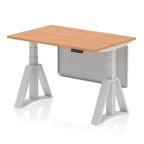 Air Modesty 1200 x 800mm Height Adjustable Office Desk Oak Top Silver Leg With Silver Steel Modesty Panel with Piste Foot