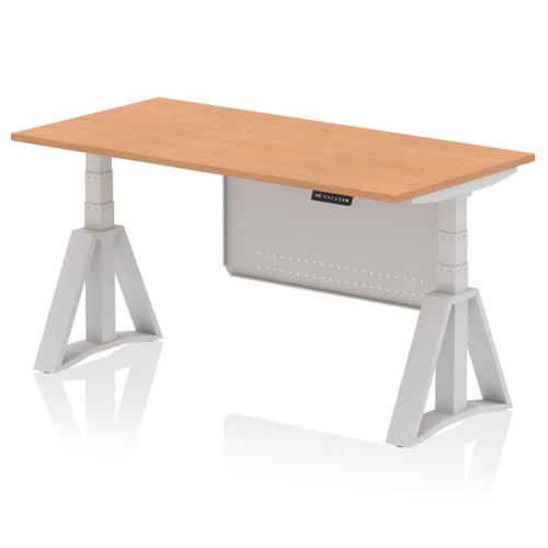 Air Modesty 1600 x 800mm Height Adjustable Office Desk Oak Top Silver Leg With Silver Steel Modesty Panel with Piste Foot