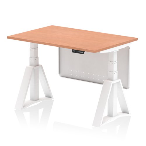 Air Modesty 1200 x 800mm Height Adjustable Office Desk Beech Top White Leg With White Steel Modesty Panel with Piste Foot