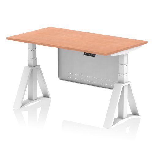 Air Modesty 1400 x 800mm Height Adjustable Office Desk Beech Top White Leg With White Steel Modesty Panel with Piste Foot