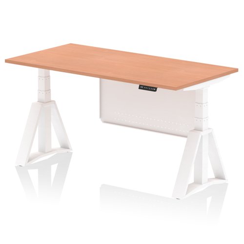 Air Modesty 1600 x 800mm Height Adjustable Office Desk Beech Top White Leg With White Steel Modesty Panel with Piste Foot