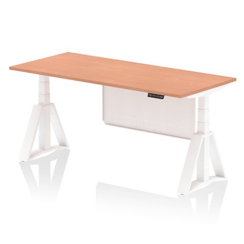 Air Modesty 1800 x 800mm Height Adjustable Office Desk Beech Top White Leg With White Steel Modesty Panel with Piste Foot