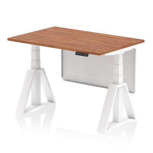 Air Modesty 1200 x 800mm Height Adjustable Office Desk Walnut Top White Leg With White Steel Modesty Panel with Piste Foot