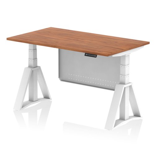 Air Modesty 1400 x 800mm Height Adjustable Office Desk Walnut Top White Leg With White Steel Modesty Panel with Piste Foot