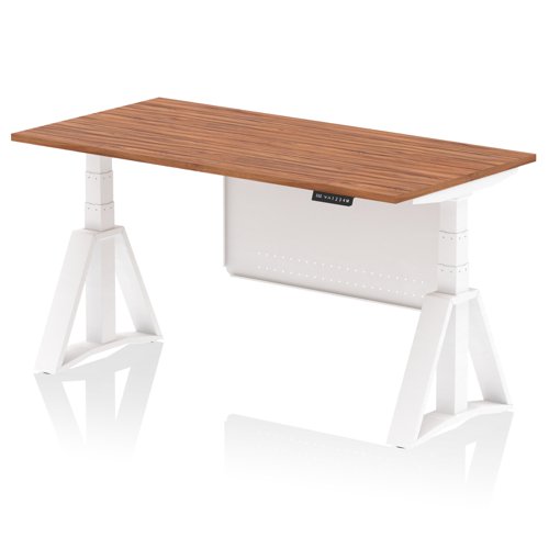 Air Modesty 1600 x 800mm Height Adjustable Office Desk Walnut Top White Leg With White Steel Modesty Panel with Piste Foot