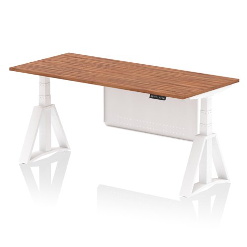 Air Modesty 1800 x 800mm Height Adjustable Office Desk Walnut Top White Leg With White Steel Modesty Panel with Piste Foot