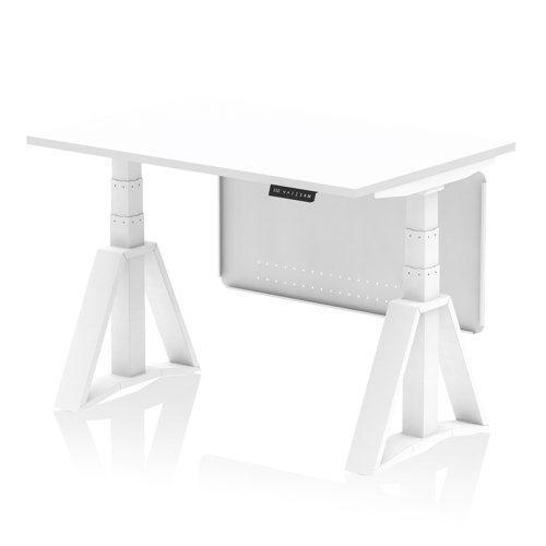 Air Modesty 1200 x 800mm Height Adjustable Office Desk White Top White Leg With White Steel Modesty Panel with Piste Foot