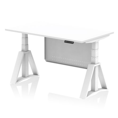 Air Modesty 1400 x 800mm Height Adjustable Office Desk White Top White Leg With White Steel Modesty Panel with Piste Foot
