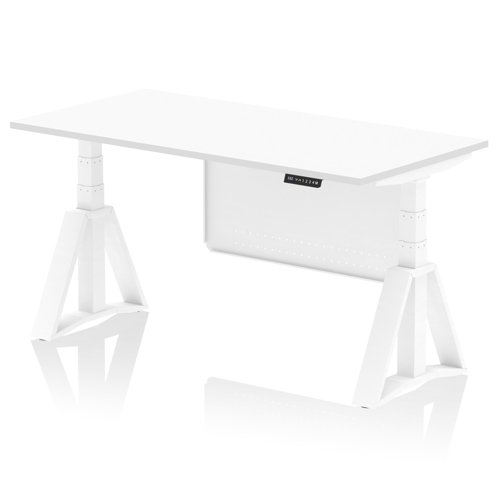 Air Modesty 1600 x 800mm Height Adjustable Office Desk White Top White Leg With White Steel Modesty Panel with Piste Foot