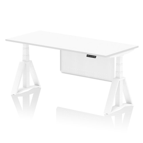 Air Modesty 1800 x 800mm Height Adjustable Office Desk White Top White Leg With White Steel Modesty Panel with Piste Foot