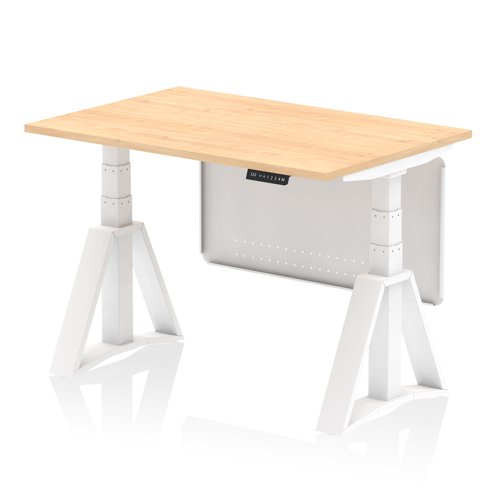 Air Modesty 1200 x 800mm Height Adjustable Office Desk Maple Top White Leg With White Steel Modesty Panel with Piste Foot