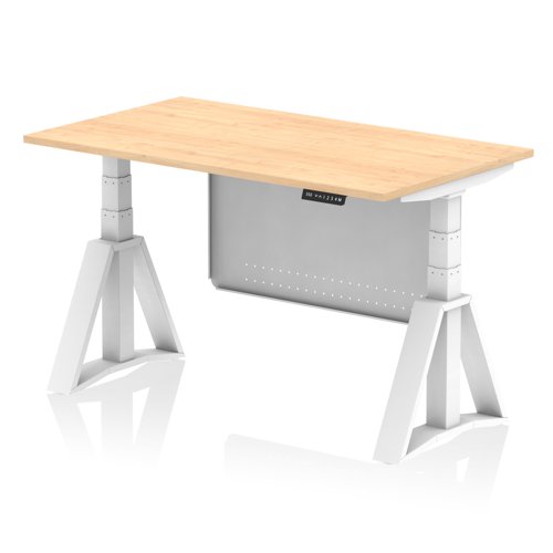 Air Modesty 1400 x 800mm Height Adjustable Office Desk Maple Top White Leg With White Steel Modesty Panel with Piste Foot