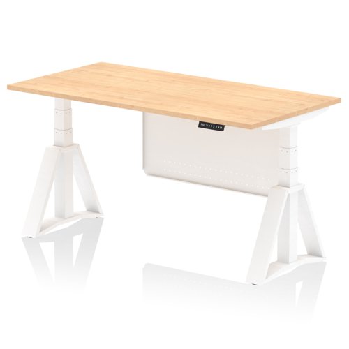 Air Modesty 1600 x 800mm Height Adjustable Office Desk Maple Top White Leg With White Steel Modesty Panel with Piste Foot