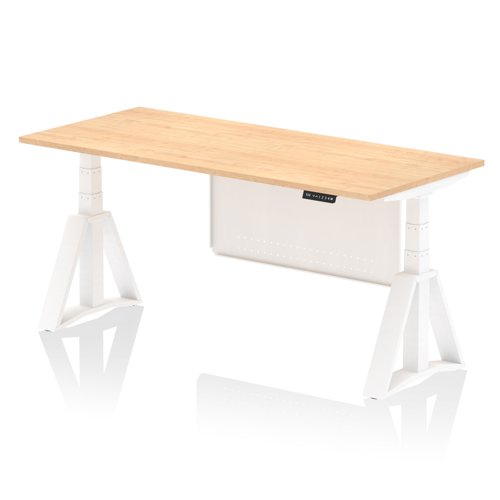 Air Modesty 1800 x 800mm Height Adjustable Office Desk Maple Top White Leg With White Steel Modesty Panel with Piste Foot