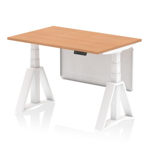 Air Modesty 1200 x 800mm Height Adjustable Office Desk Oak Top White Leg With White Steel Modesty Panel with Piste Foot