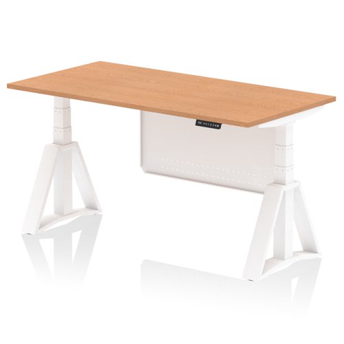Air Modesty 1600 x 800mm Height Adjustable Office Desk Oak Top White Leg With White Steel Modesty Panel with Piste Foot