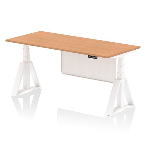 Air Modesty 1800 x 800mm Height Adjustable Office Desk Oak Top White Leg With White Steel Modesty Panel with Piste Foot