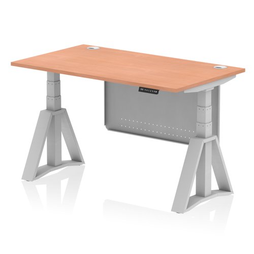 Air Modesty 1400 x 800mm Height Adjustable Office Desk Beech Top Cable Ports Silver Leg With Silver Steel Modesty Panel with Piste Foot