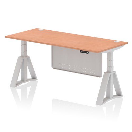Air Modesty 1800 x 800mm Height Adjustable Office Desk Beech Top Cable Ports Silver Leg With Silver Steel Modesty Panel with Piste Foot