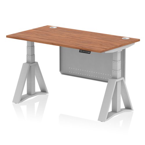Air Modesty 1400 x 800mm Height Adjustable Office Desk Walnut Top Cable Ports Silver Leg With Silver Steel Modesty Panel with Piste Foot