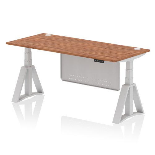 Air Modesty 1800 x 800mm Height Adjustable Office Desk Walnut Top Cable Ports Silver Leg With Silver Steel Modesty Panel with Piste Foot