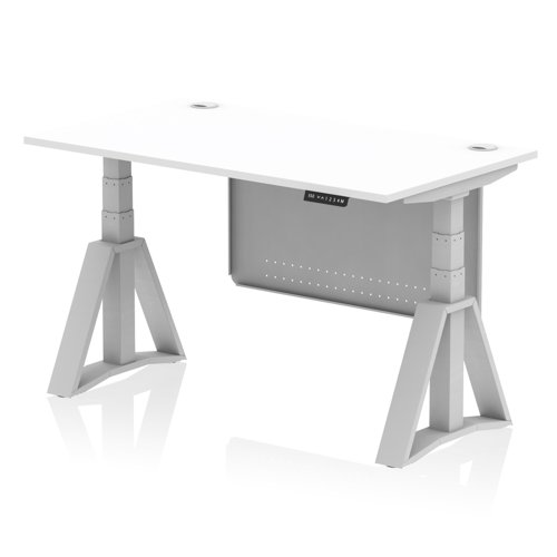 Air Modesty 1400 x 800mm Height Adjustable Office Desk White Top Cable Ports Silver Leg With Silver Steel Modesty Panel with Piste Foot