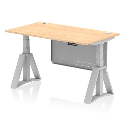 Air Modesty 1400 x 800mm Height Adjustable Office Desk Maple Top Cable Ports Silver Leg With Silver Steel Modesty Panel with Piste Foot
