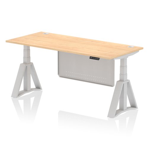 Air Modesty 1800 x 800mm Height Adjustable Office Desk Maple Top Cable Ports Silver Leg With Silver Steel Modesty Panel with Piste Foot