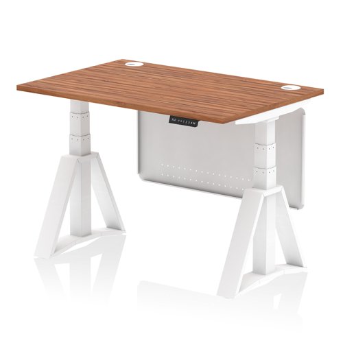 Air Modesty 1200 x 800mm Height Adjustable Office Desk Walnut Top Cable Ports White Leg With White Steel Modesty Panel with Piste Foot