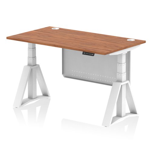 Air Modesty 1400 x 800mm Height Adjustable Office Desk Walnut Top Cable Ports White Leg With White Steel Modesty Panel with Piste Foot