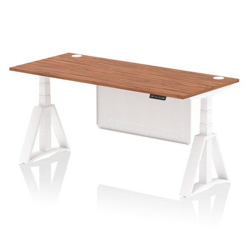 Air Modesty 1800 x 800mm Height Adjustable Office Desk Walnut Top Cable Ports White Leg With White Steel Modesty Panel with Piste Foot