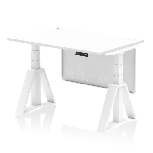 Air Modesty 1200 x 800mm Height Adjustable Office Desk White Top Cable Ports White Leg With White Steel Modesty Panel with Piste Foot