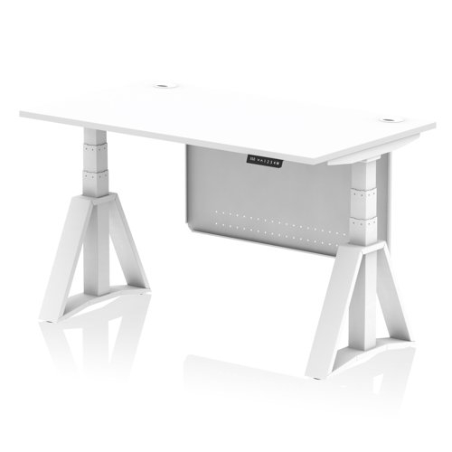 Air Modesty 1400 x 800mm Height Adjustable Office Desk White Top Cable Ports White Leg With White Steel Modesty Panel with Piste Foot