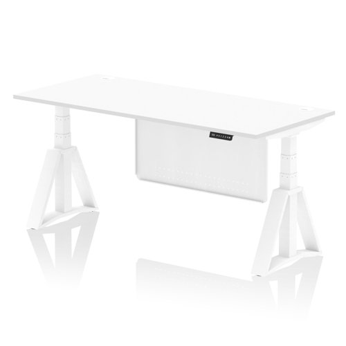 Air Modesty 1800 x 800mm Height Adjustable Office Desk White Top Cable Ports White Leg With White Steel Modesty Panel with Piste Foot