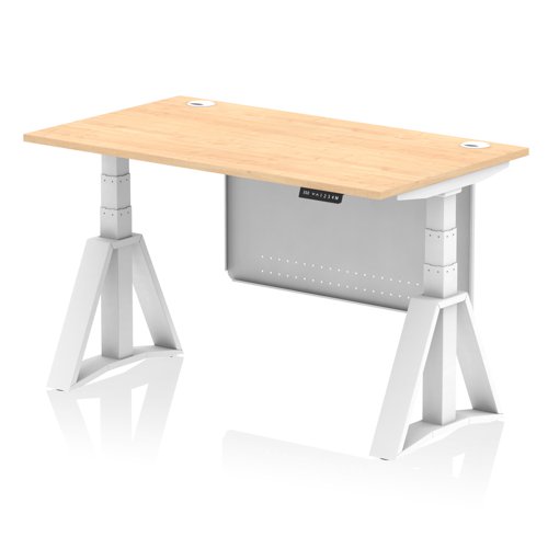 Air Modesty 1400 x 800mm Height Adjustable Office Desk Maple Top Cable Ports White Leg With White Steel Modesty Panel with Piste Foot