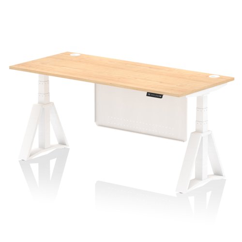 Air Modesty 1800 x 800mm Height Adjustable Office Desk Maple Top Cable Ports White Leg With White Steel Modesty Panel with Piste Foot