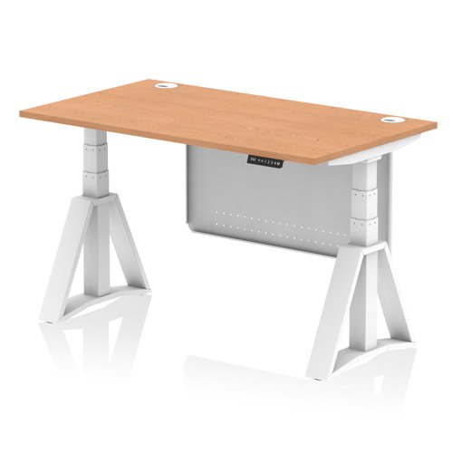 Air Modesty 1400 x 800mm Height Adjustable Office Desk Oak Top Cable Ports White Leg With White Steel Modesty Panel with Piste Foot