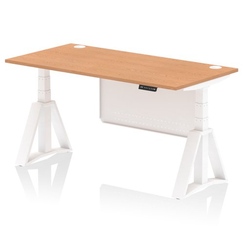 Air Modesty 1600 x 800mm Height Adjustable Office Desk Oak Top Cable Ports White Leg With White Steel Modesty Panel with Piste Foot
