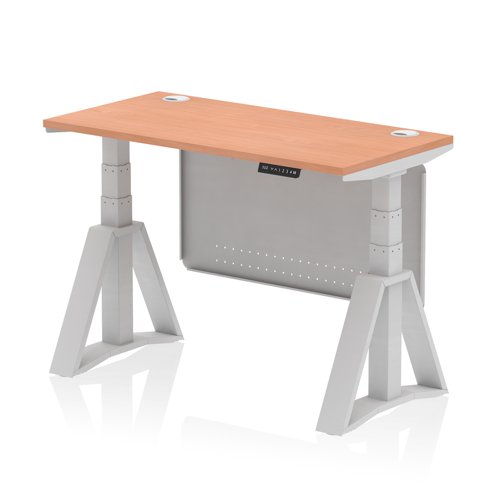 Air Modesty 1200 x 600mm Height Adjustable Office Desk Beech Top Cable Ports Silver Leg With Silver Steel Modesty Panel with Piste Foot