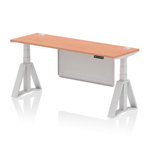 Air Modesty 1800 x 600mm Height Adjustable Office Desk Beech Top Cable Ports Silver Leg With Silver Steel Modesty Panel with Piste Foot