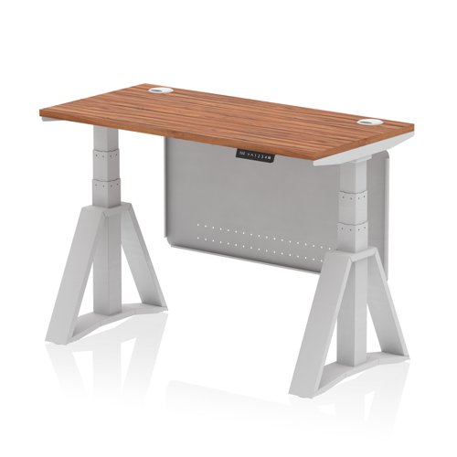 Air Modesty 1200 x 600mm Height Adjustable Office Desk Walnut Top Cable Ports Silver Leg With Silver Steel Modesty Panel with Piste Foot