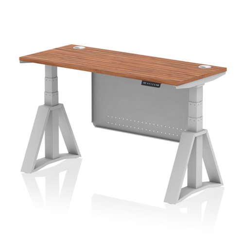 Air Modesty 1400 x 600mm Height Adjustable Office Desk Walnut Top Cable Ports Silver Leg With Silver Steel Modesty Panel with Piste Foot