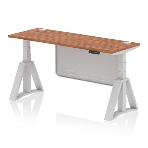 Air Modesty 1600 x 600mm Height Adjustable Office Desk Walnut Top Cable Ports Silver Leg With Silver Steel Modesty Panel with Piste Foot
