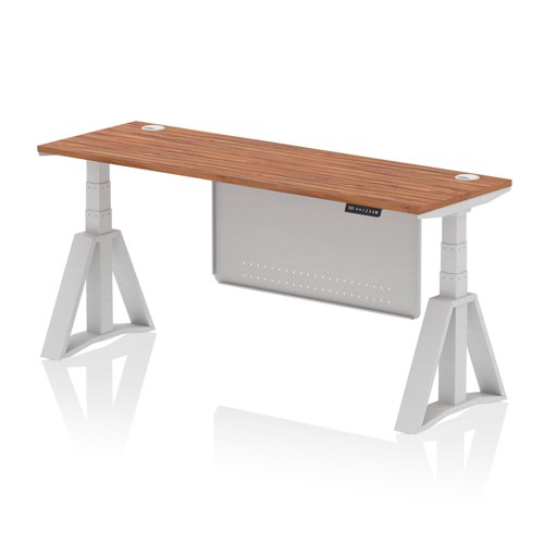Air Modesty 1800 x 600mm Height Adjustable Office Desk Walnut Top Cable Ports Silver Leg With Silver Steel Modesty Panel with Piste Foot