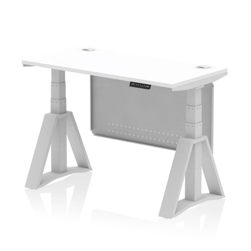 Air Modesty 1200 x 600mm Height Adjustable Office Desk White Top Cable Ports Silver Leg With Silver Steel Modesty Panel with Piste Foot