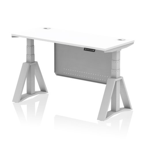 Air Modesty 1400 x 600mm Height Adjustable Office Desk White Top Cable Ports Silver Leg With Silver Steel Modesty Panel with Piste Foot