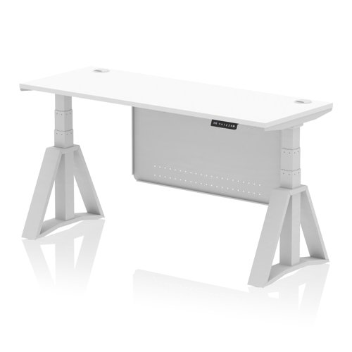 Air Modesty 1600 x 600mm Height Adjustable Office Desk White Top Cable Ports Silver Leg With Silver Steel Modesty Panel with Piste Foot